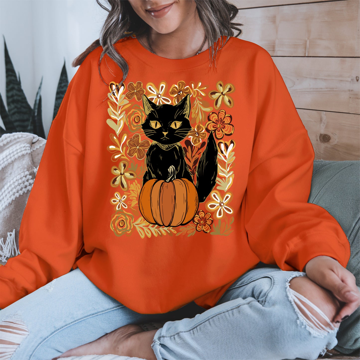 Floral Black cat Pumpkin halloween shirt