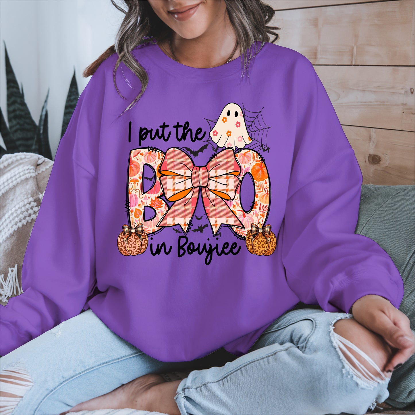 BOO Cute Halloween Shirt Hoodie Sweatshirt with Ghost and Bow