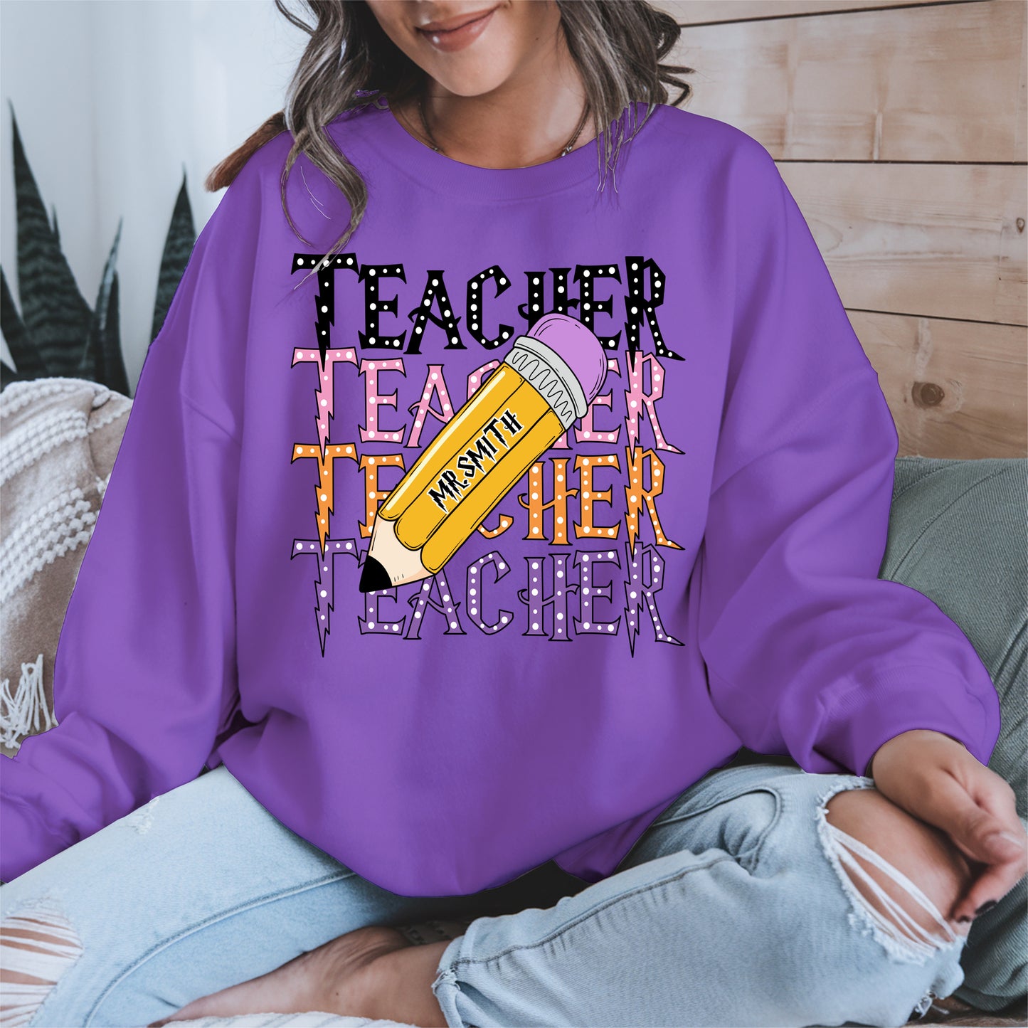 Retro Teacher Shirt with Personalized Pencil Name