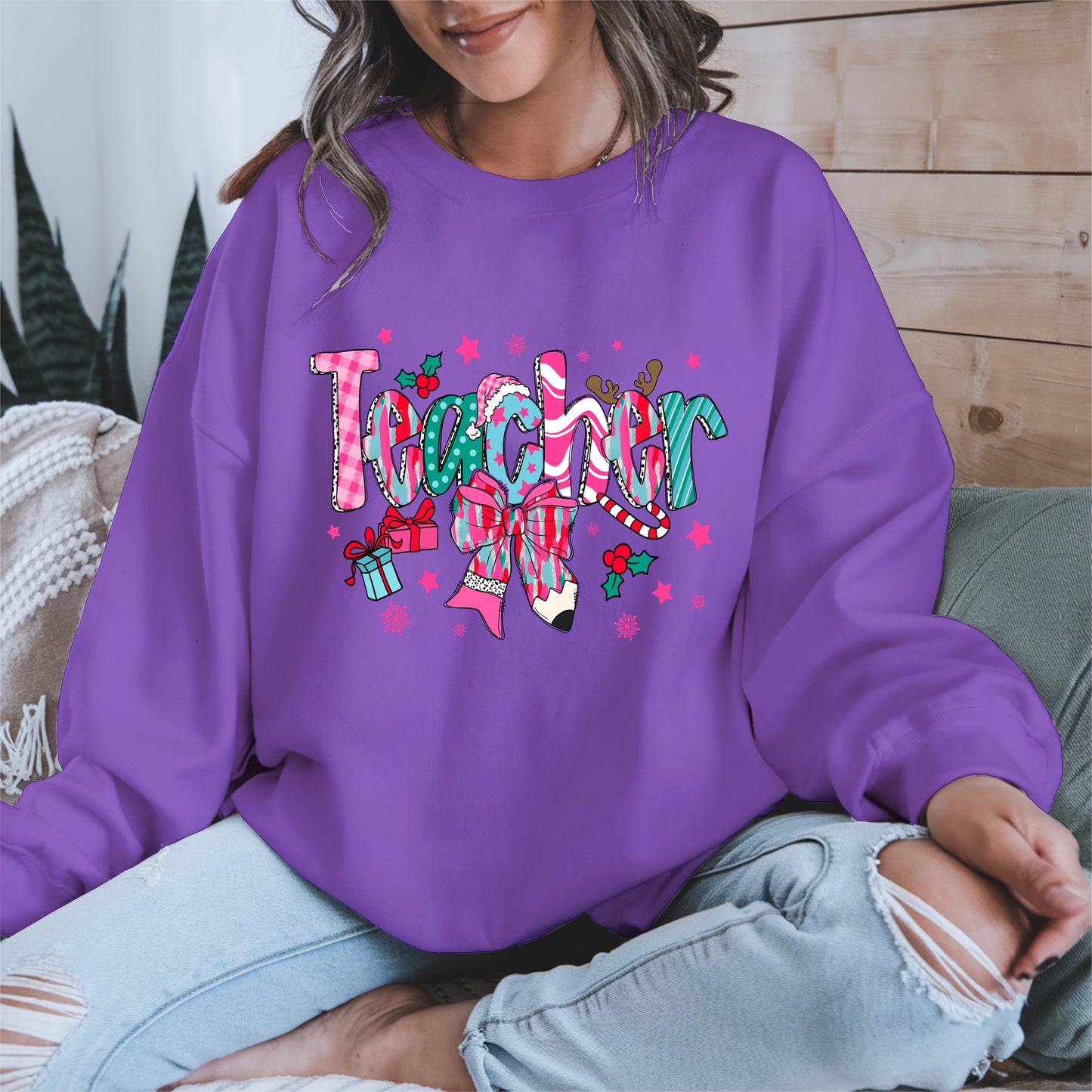 Christmas Teacher Shirt with Gifts and Bow