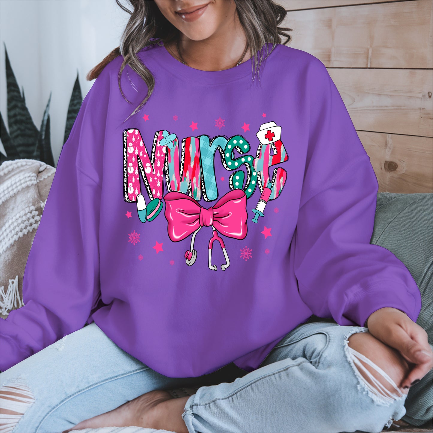 Nurse Christmas Shirt with Pink Bow and Holiday Icons