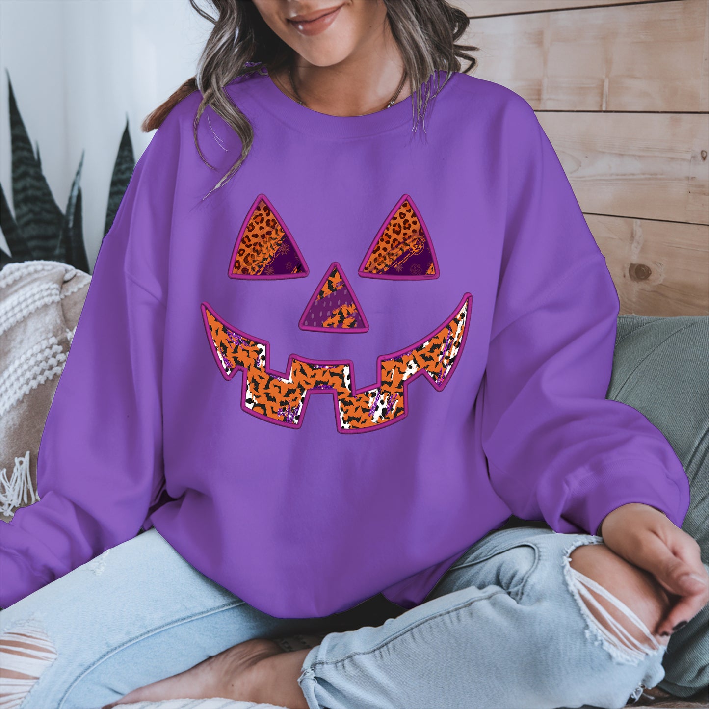 Pumpkin Face Faux Embroidery shirt
