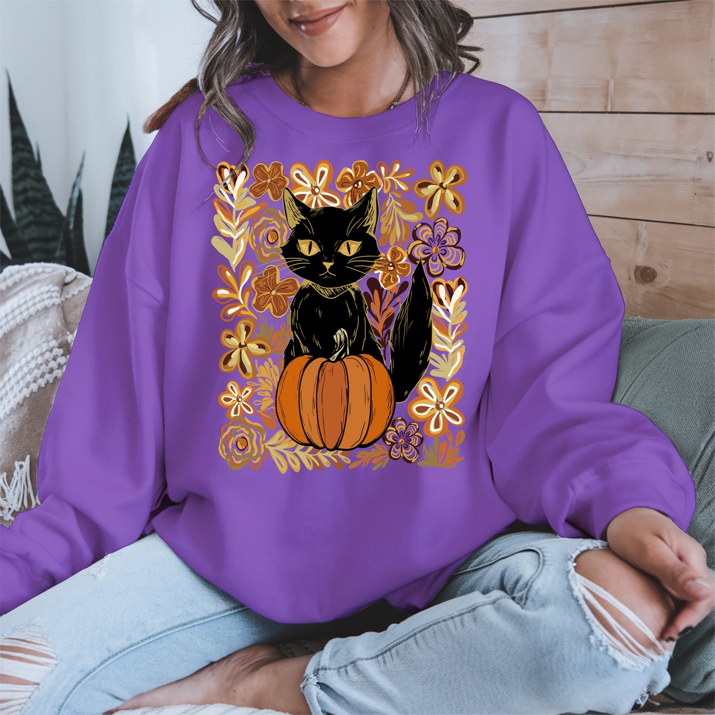 Floral Black cat Pumpkin halloween shirt