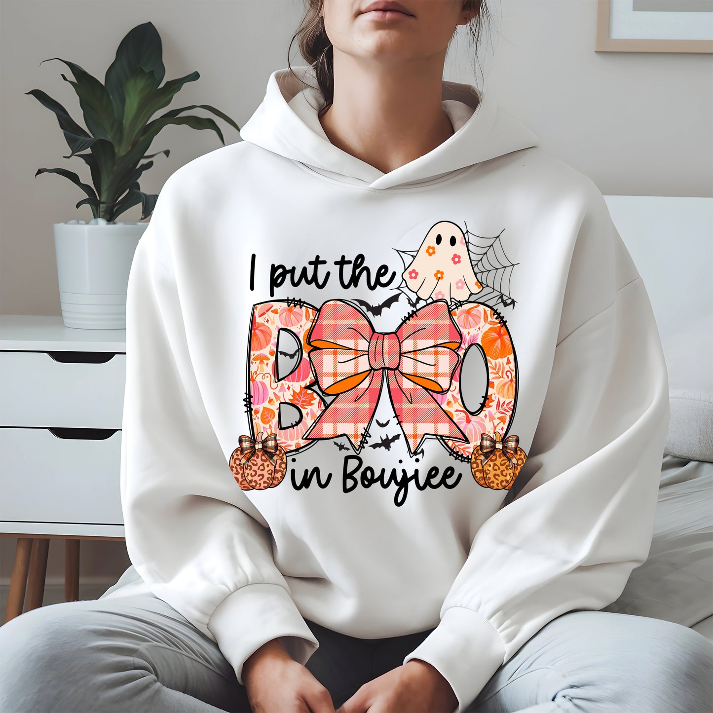 BOO Cute Halloween Shirt Hoodie Sweatshirt with Ghost and Bow