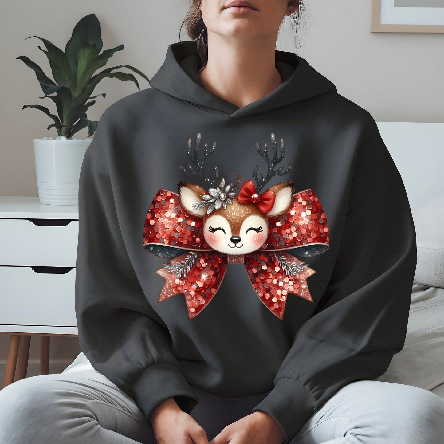 Cute Reindeer Bow Christmas Shirt for Women