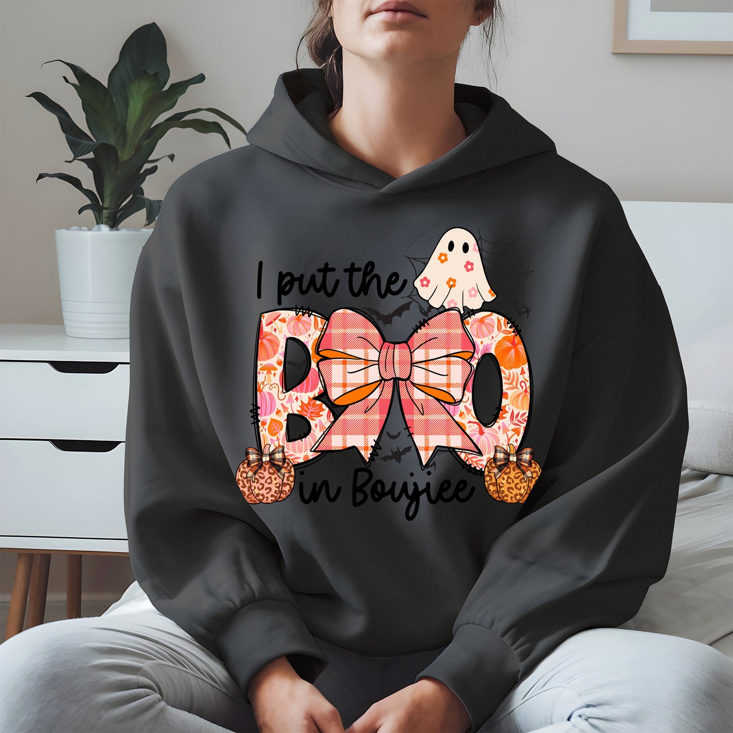 BOO Cute Halloween Shirt Hoodie Sweatshirt with Ghost and Bow