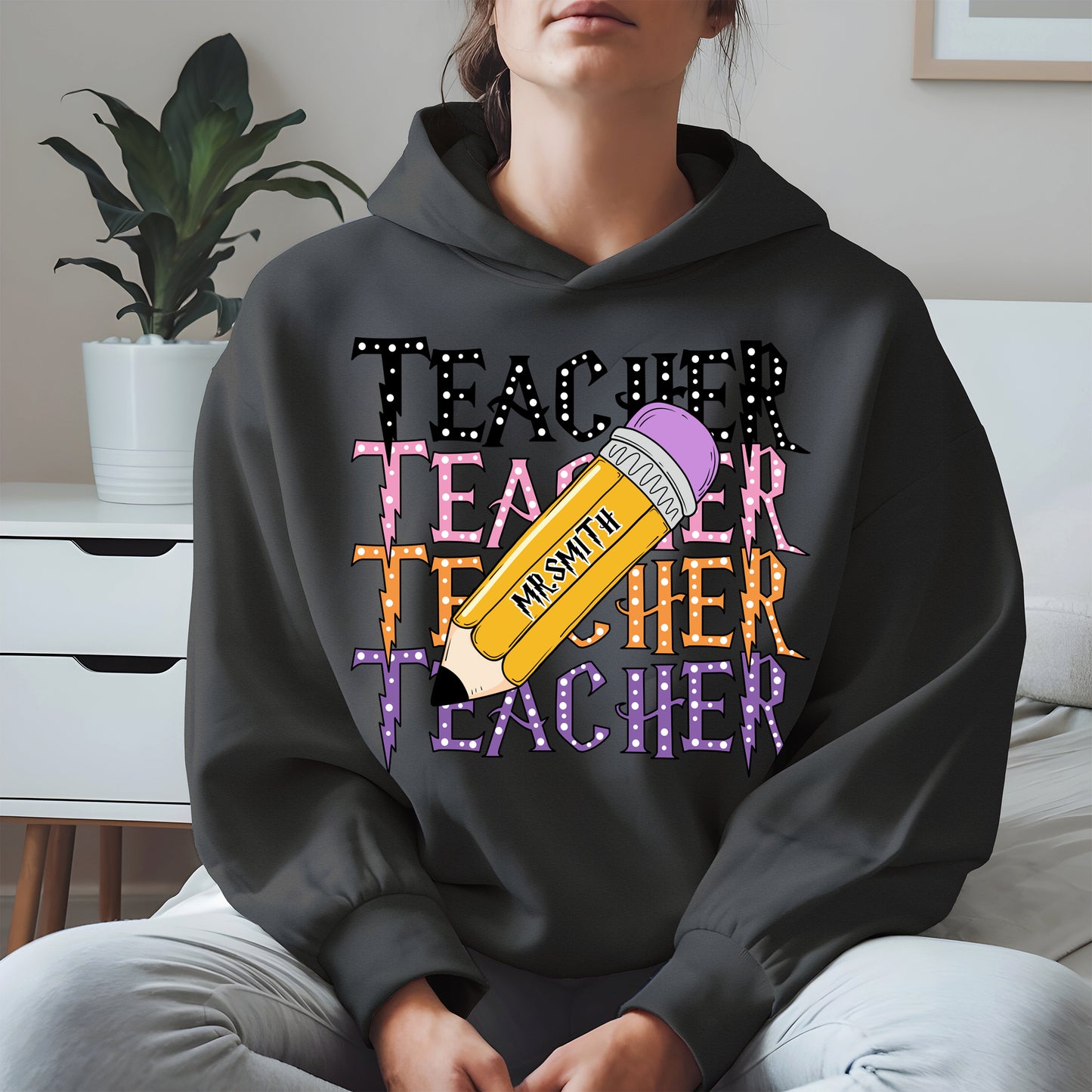 Retro Teacher Shirt with Personalized Pencil Name