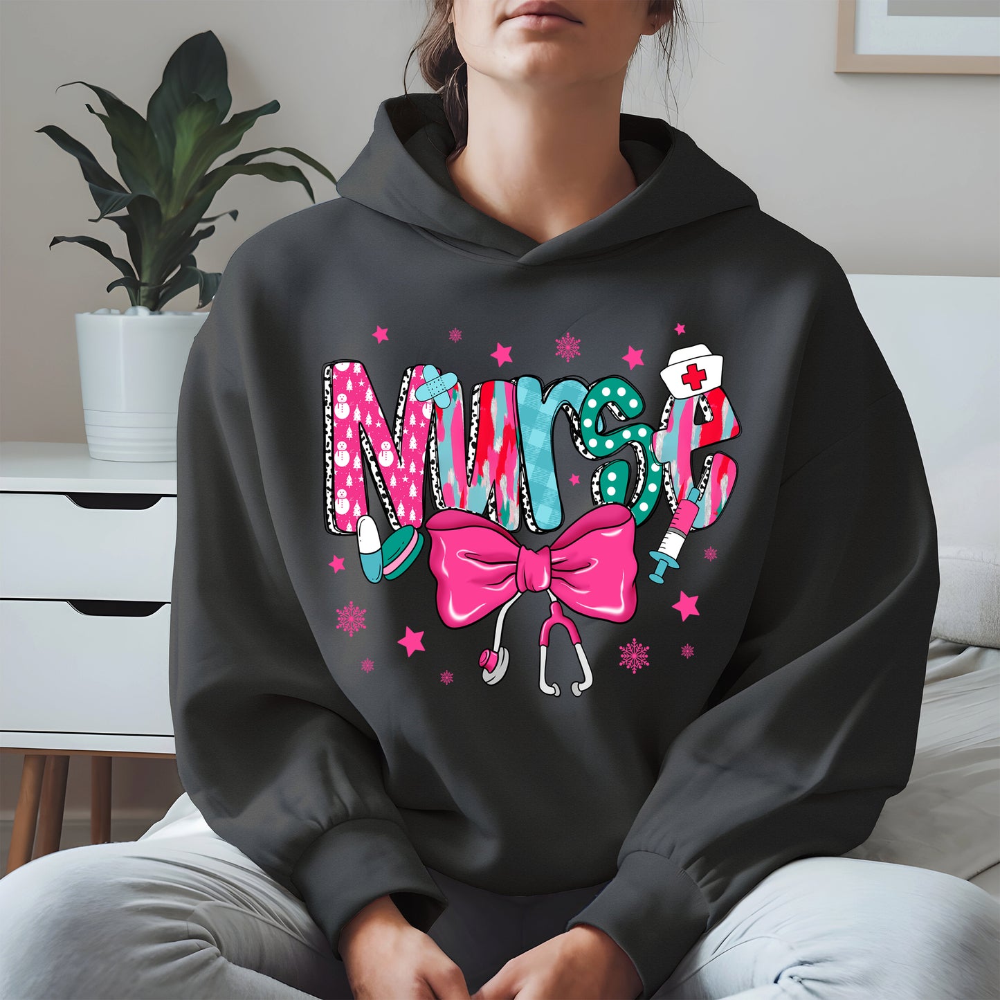 Nurse Christmas Shirt with Pink Bow and Holiday Icons