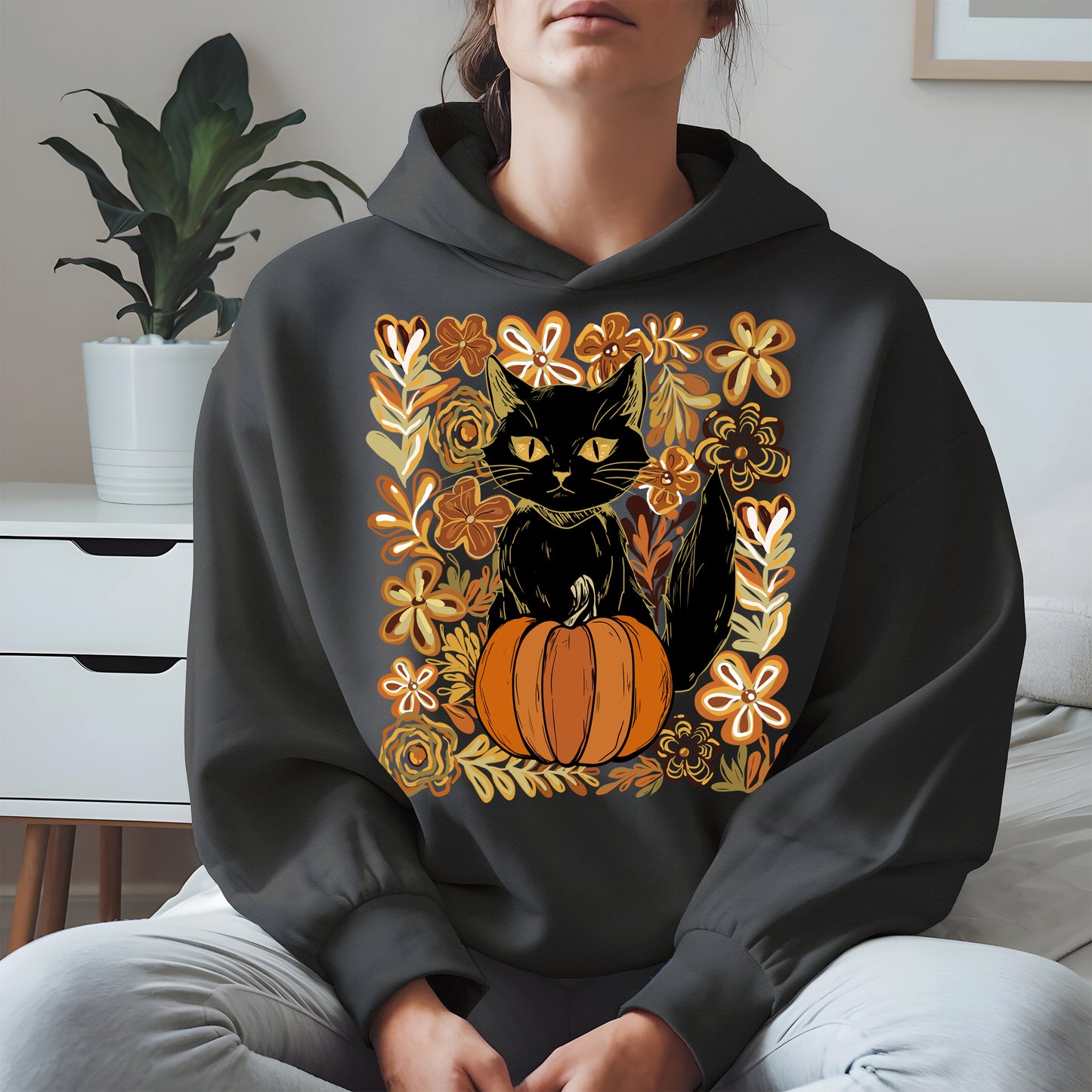 Floral Black cat Pumpkin halloween shirt
