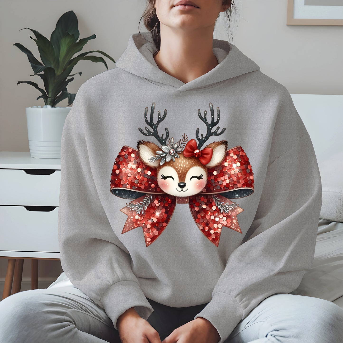 Cute Reindeer Bow Christmas Shirt for Women