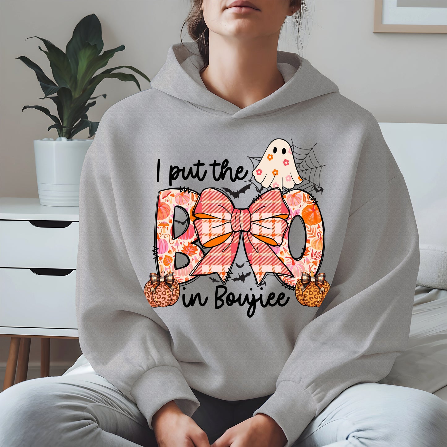 BOO Cute Halloween Shirt Hoodie Sweatshirt with Ghost and Bow