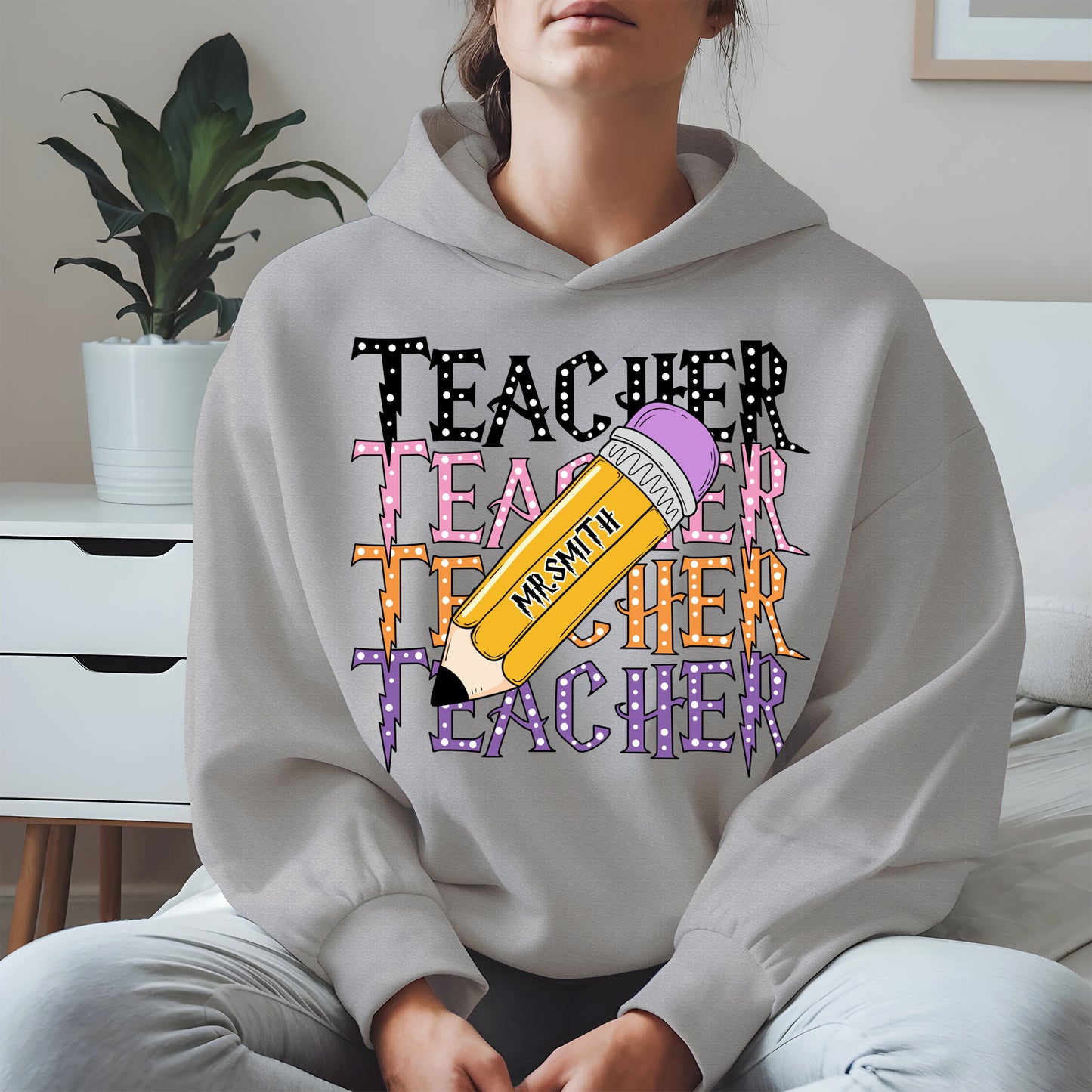 Retro Teacher Shirt with Personalized Pencil Name