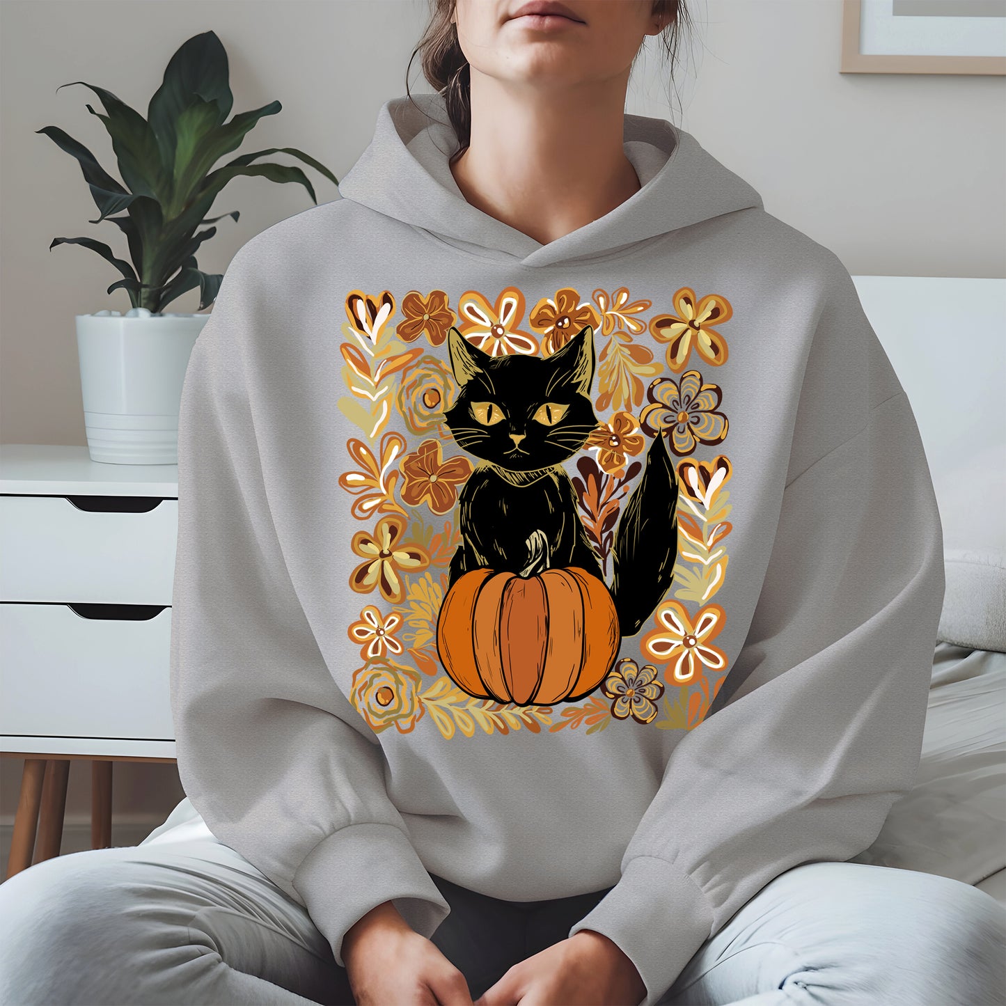 Floral Black cat Pumpkin halloween shirt