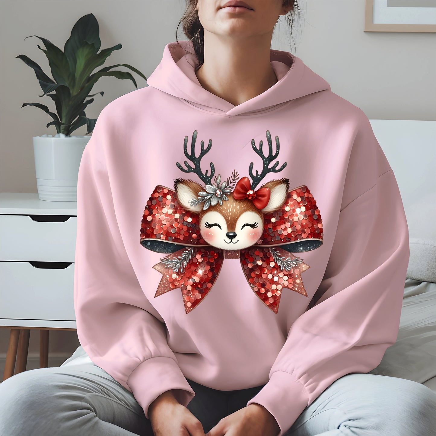 Cute Reindeer Bow Christmas Shirt for Women