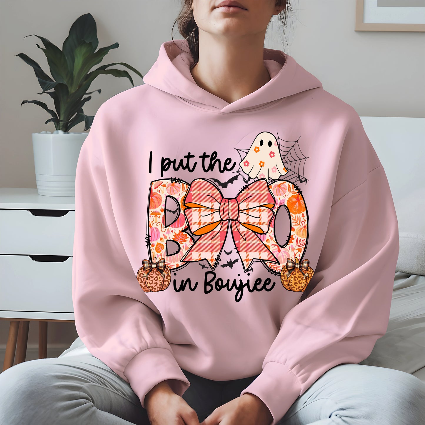 BOO Cute Halloween Shirt Hoodie Sweatshirt with Ghost and Bow