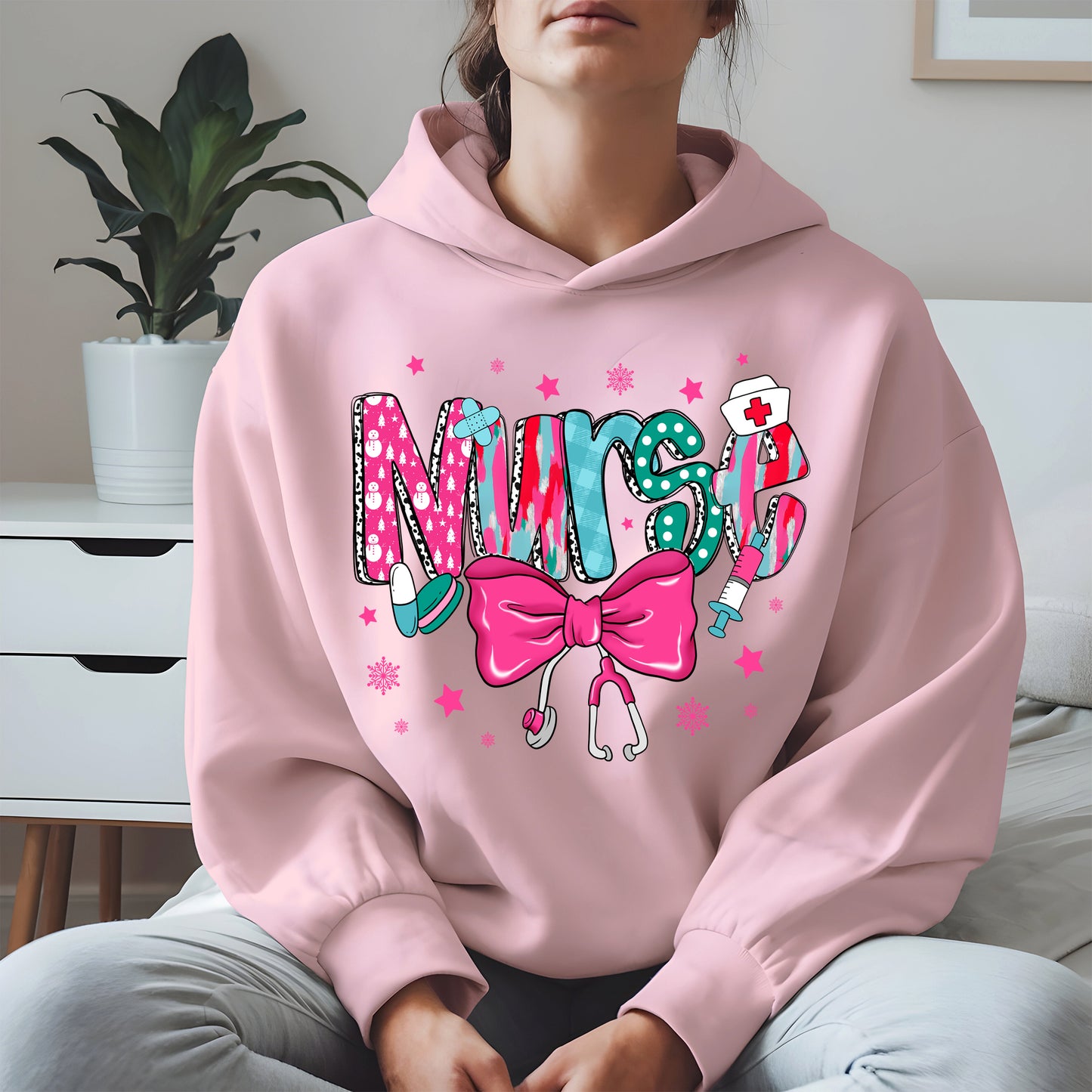 Nurse Christmas Shirt with Pink Bow and Holiday Icons