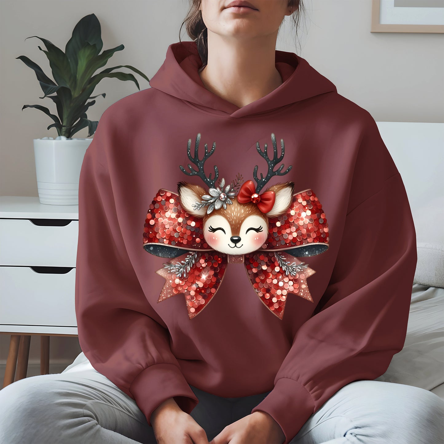 Cute Reindeer Bow Christmas Shirt for Women