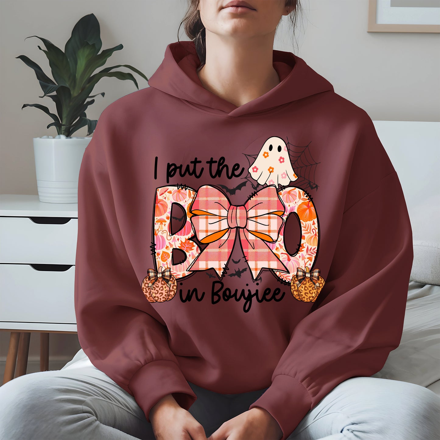 BOO Cute Halloween Shirt Hoodie Sweatshirt with Ghost and Bow