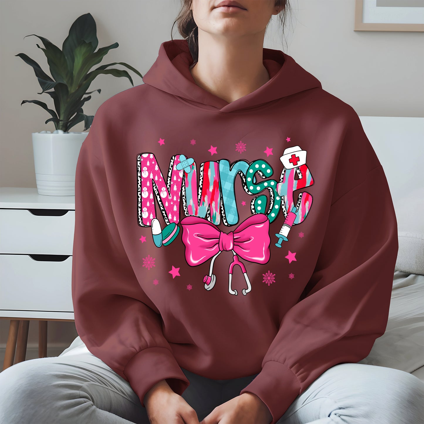 Nurse Christmas Shirt with Pink Bow and Holiday Icons