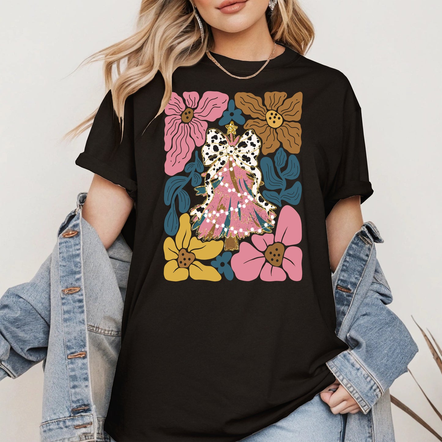 Christmas Tree Coquette Bow Floral Holiday Shirt