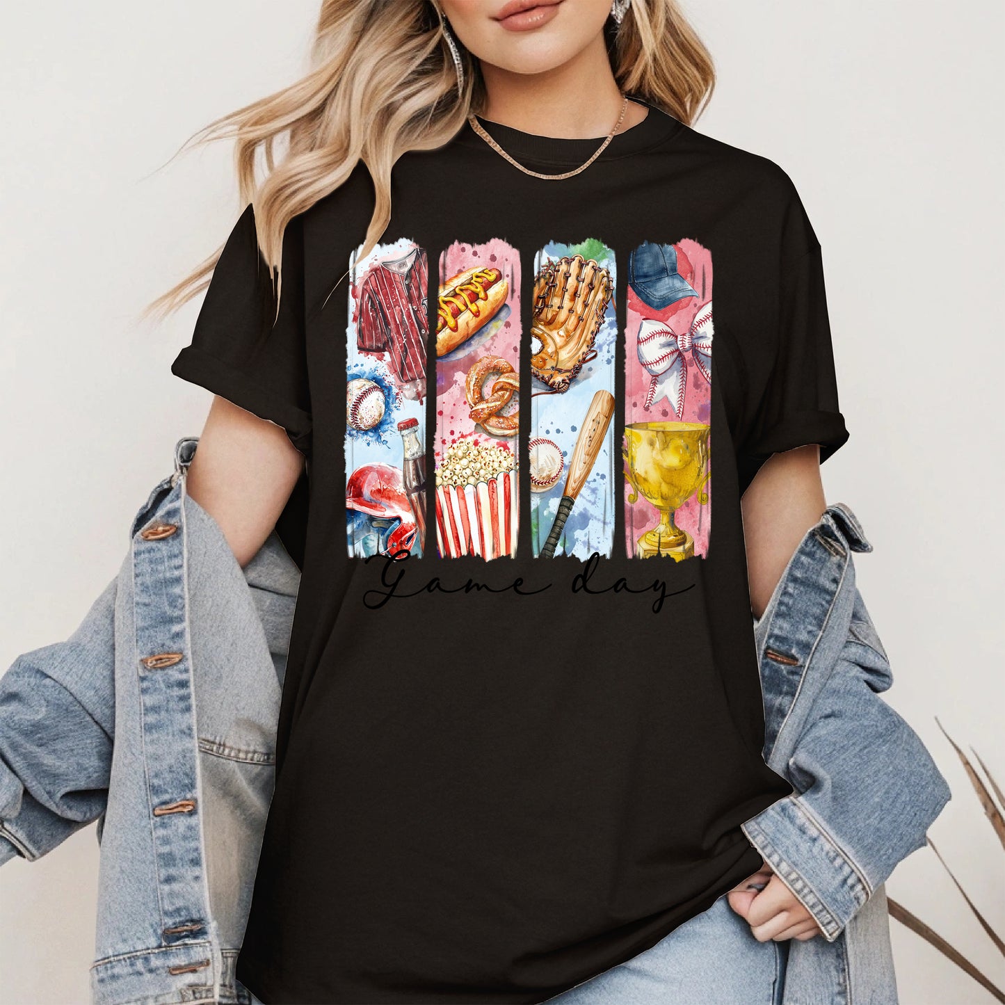 Watercolor Hotdog, Bat & Trophy Baseball Sport Shirt