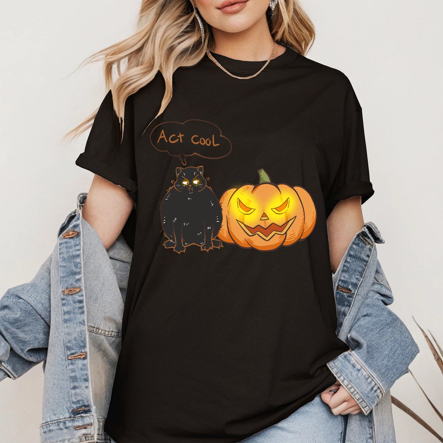 Act Cool - Black Cat & Pumpkin Halloween Tee