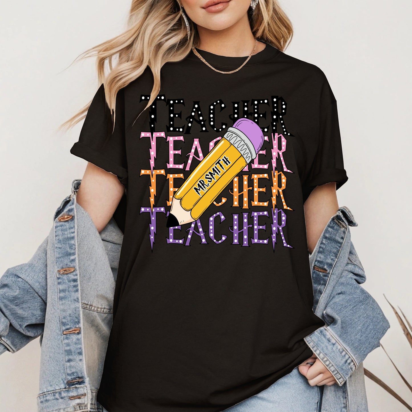 Retro Teacher Shirt with Personalized Pencil Name