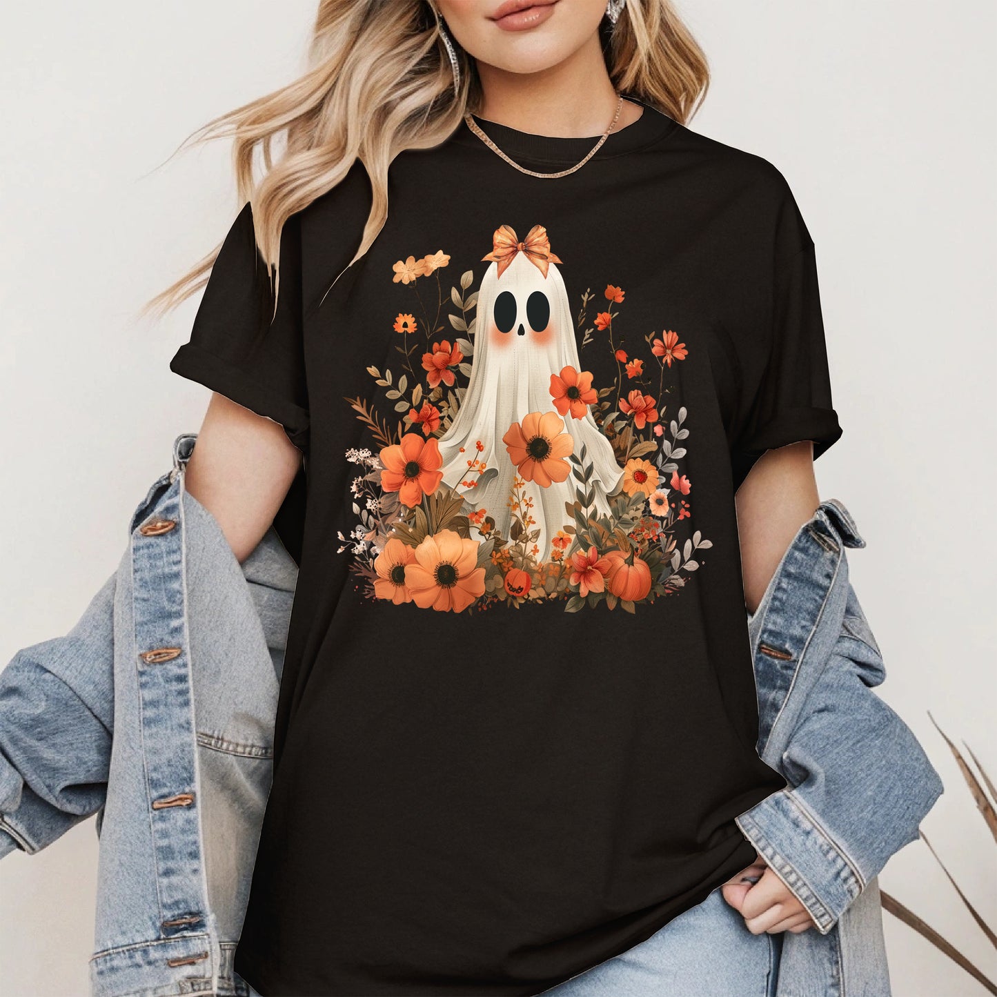 Autumn Ghost Floral Shirt Cute Fall Halloween Tee