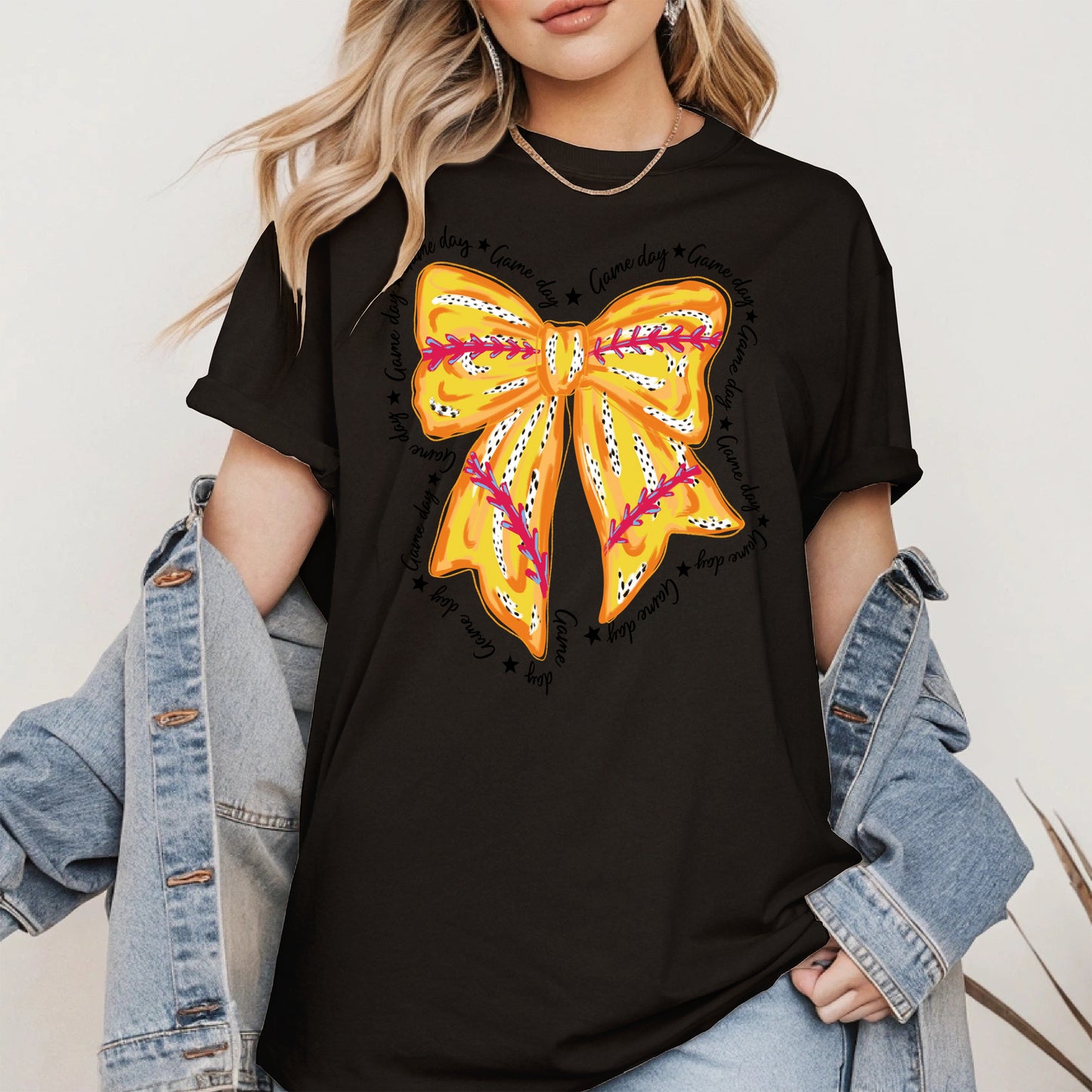 Yellow Baseball Bow Shirt Sport Tee Hoodie Sweatshirt Gift for Fans