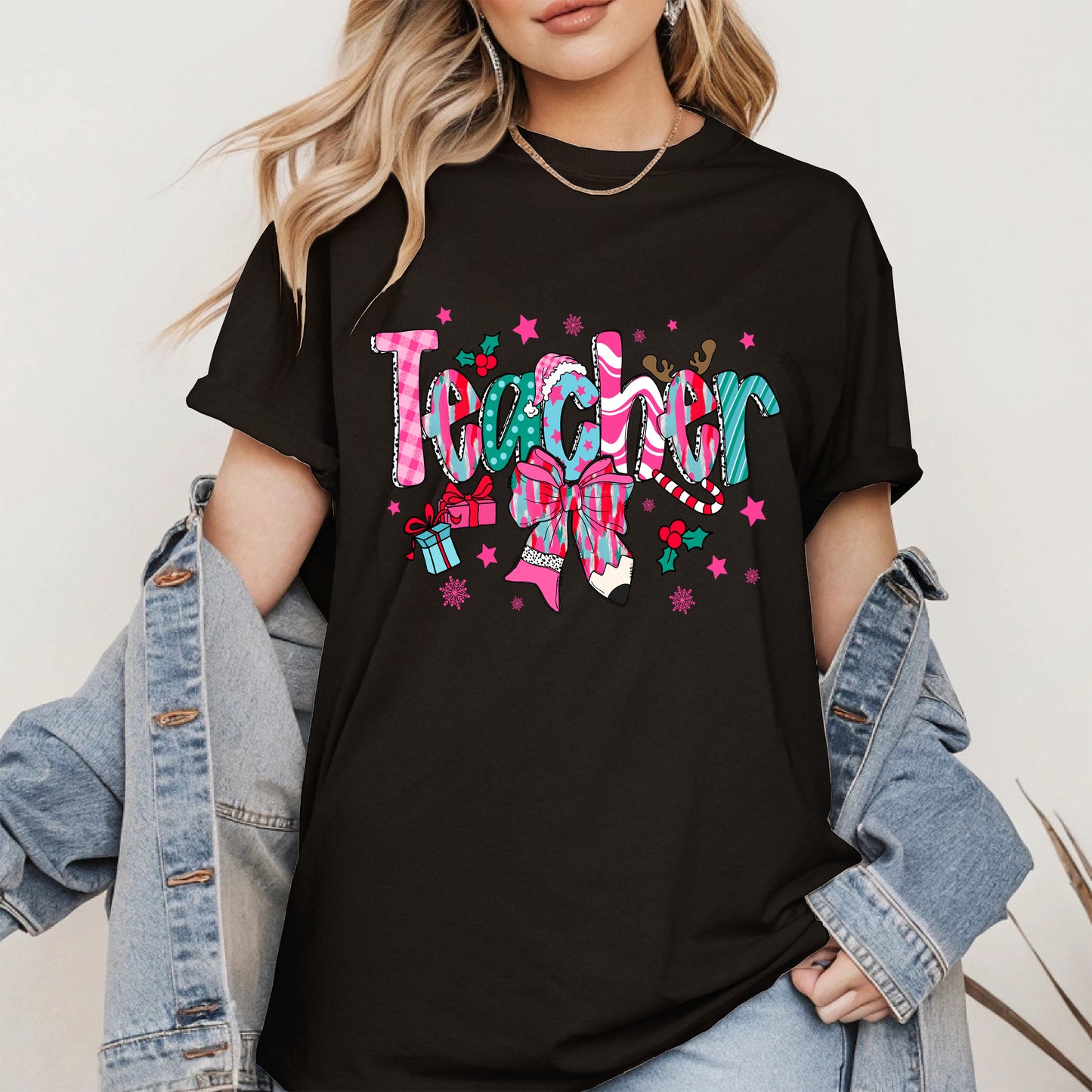 Christmas Teacher Shirt with Gifts and Bow