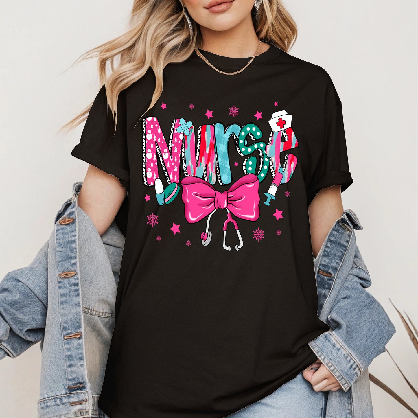 Nurse Christmas Shirt with Pink Bow and Holiday Icons
