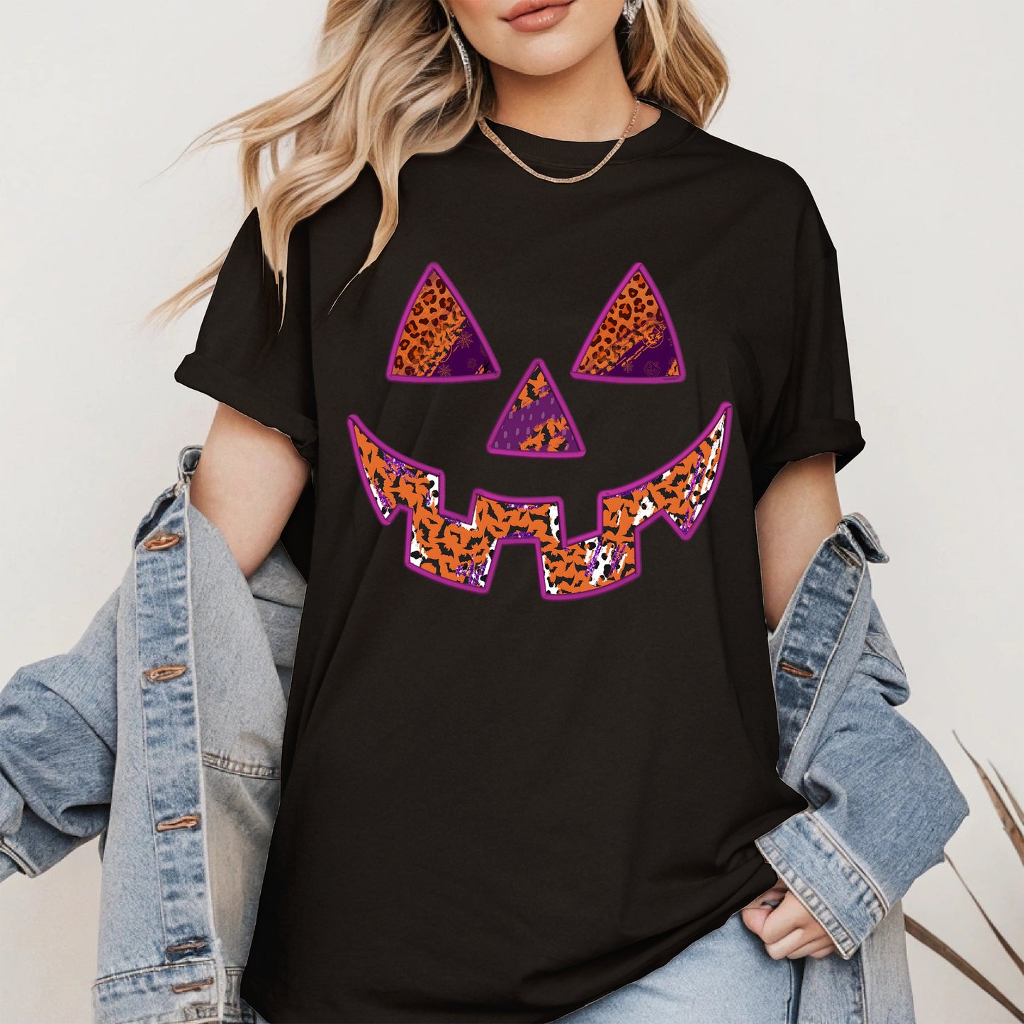 Pumpkin Face Faux Embroidery shirt