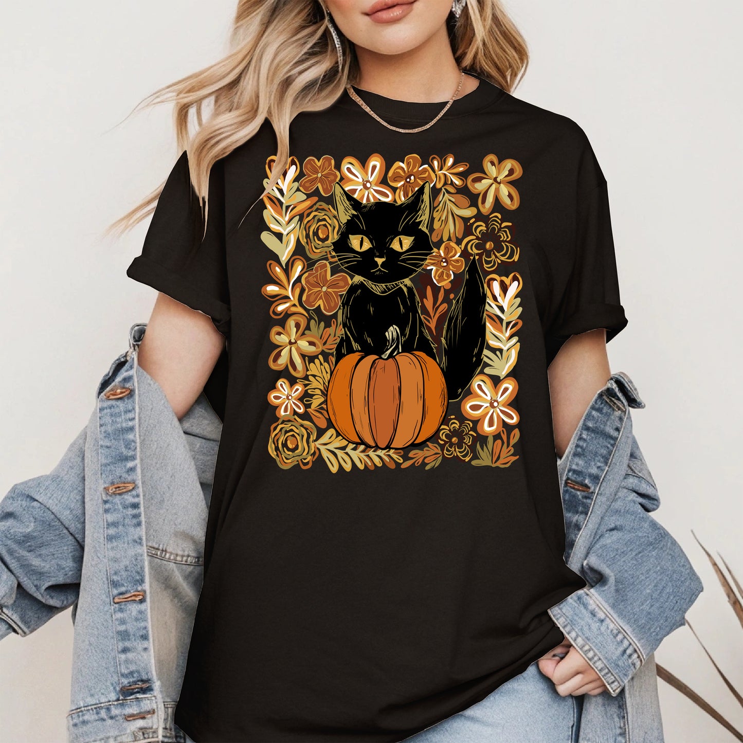 Floral Black cat Pumpkin halloween shirt