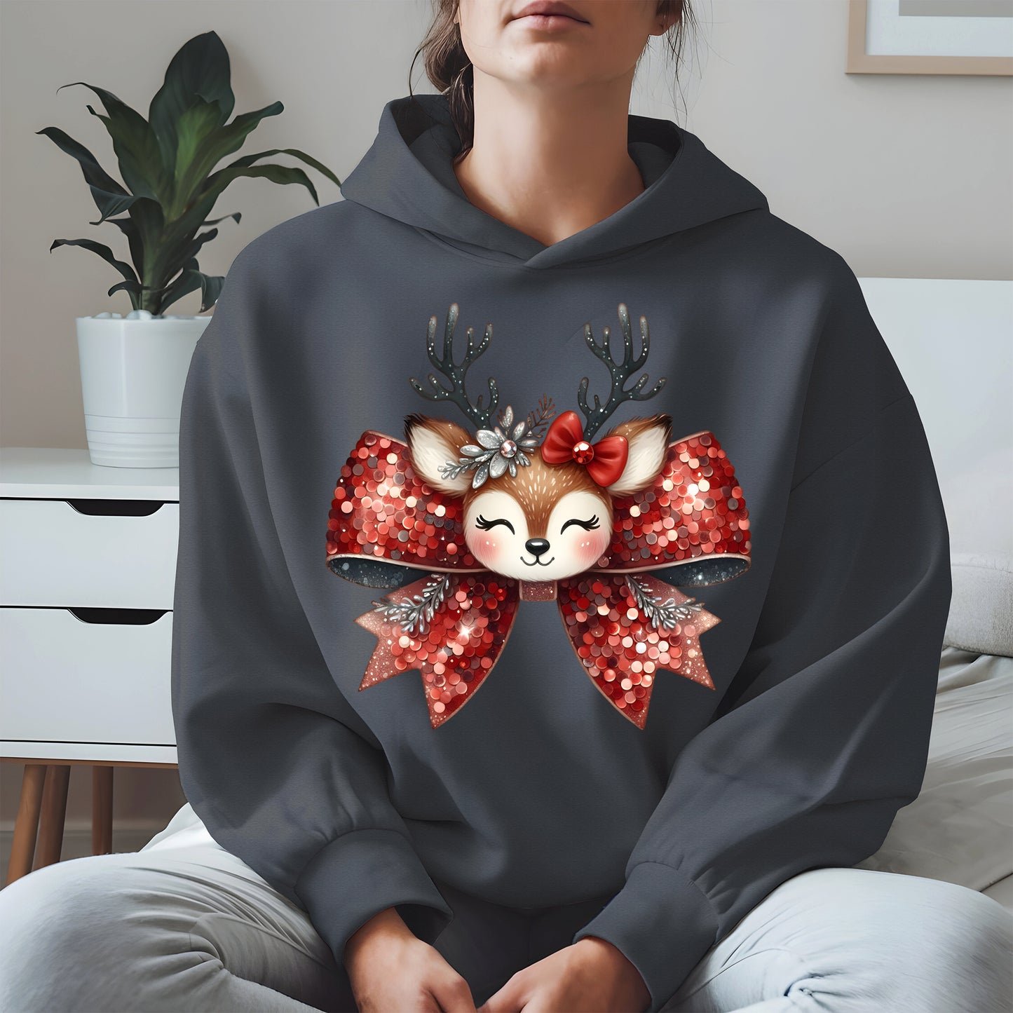 Cute Reindeer Bow Christmas Shirt for Women