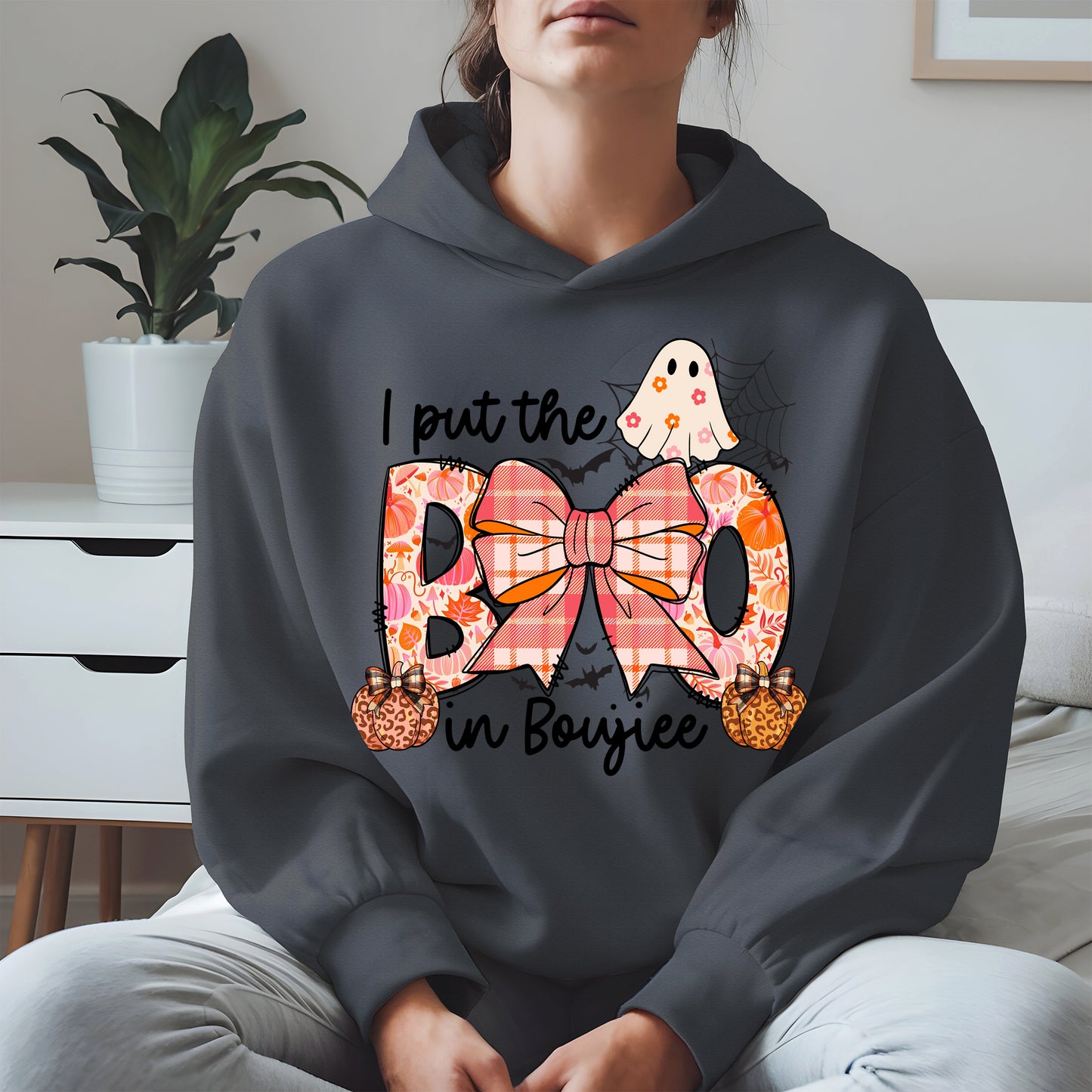 BOO Cute Halloween Shirt Hoodie Sweatshirt with Ghost and Bow