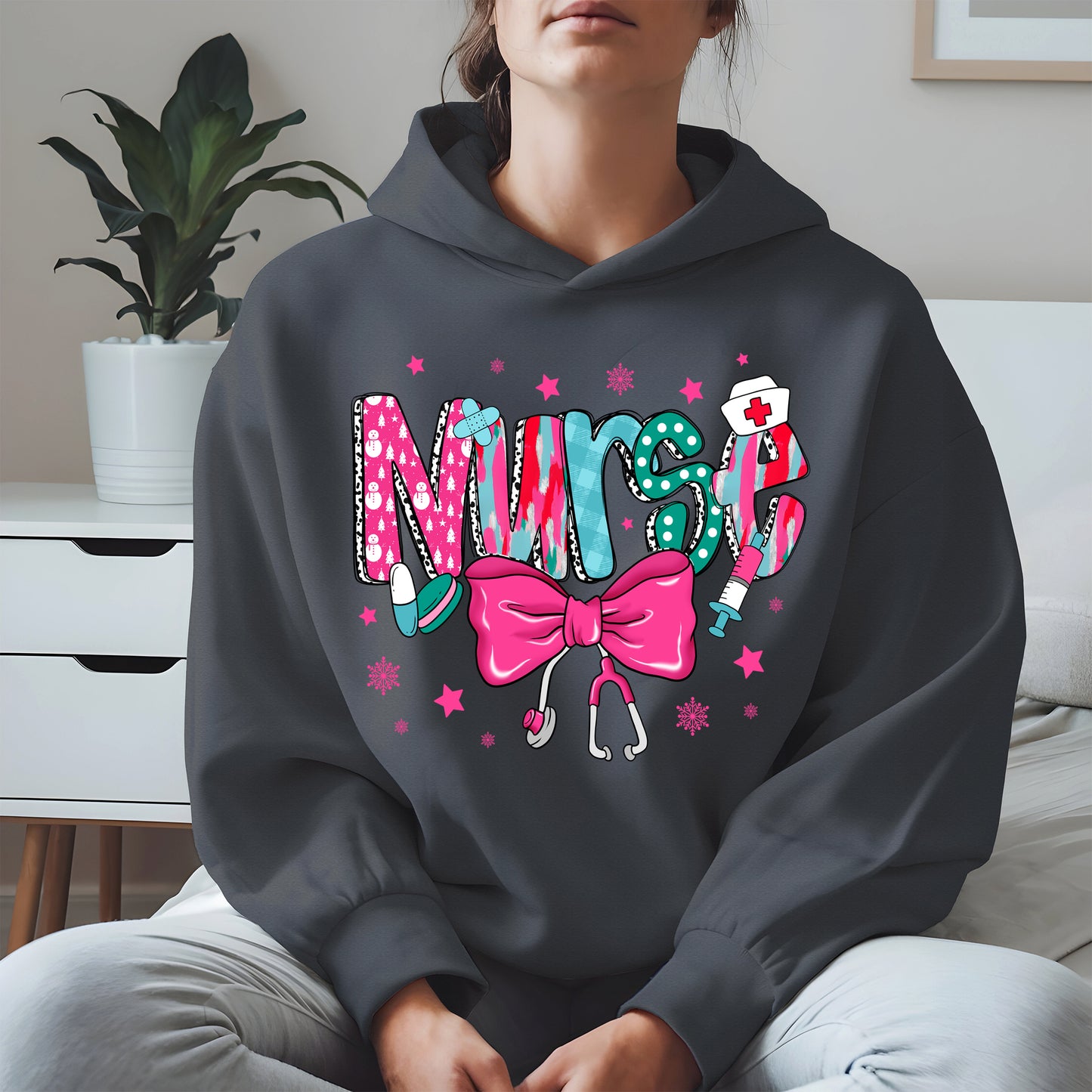 Nurse Christmas Shirt with Pink Bow and Holiday Icons