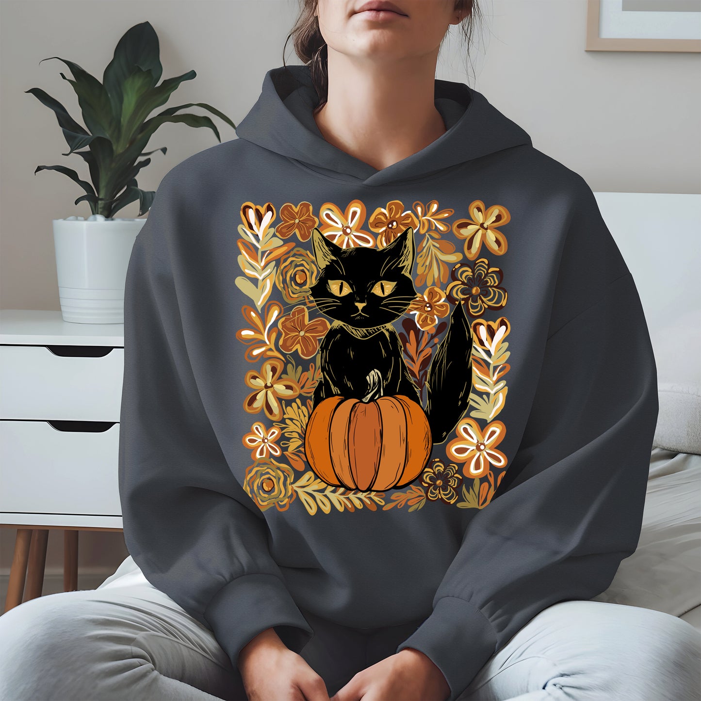 Floral Black cat Pumpkin halloween shirt