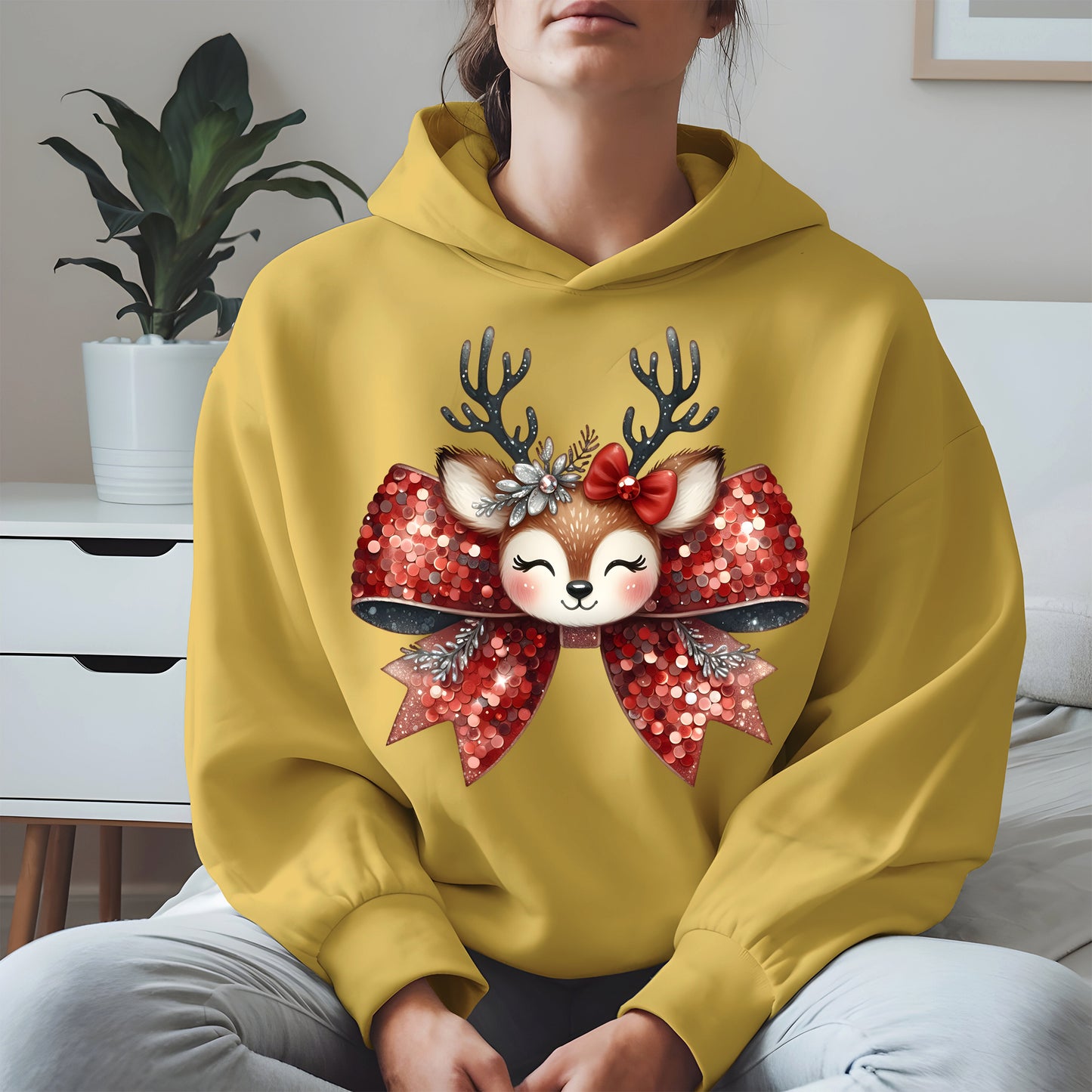 Cute Reindeer Bow Christmas Shirt for Women