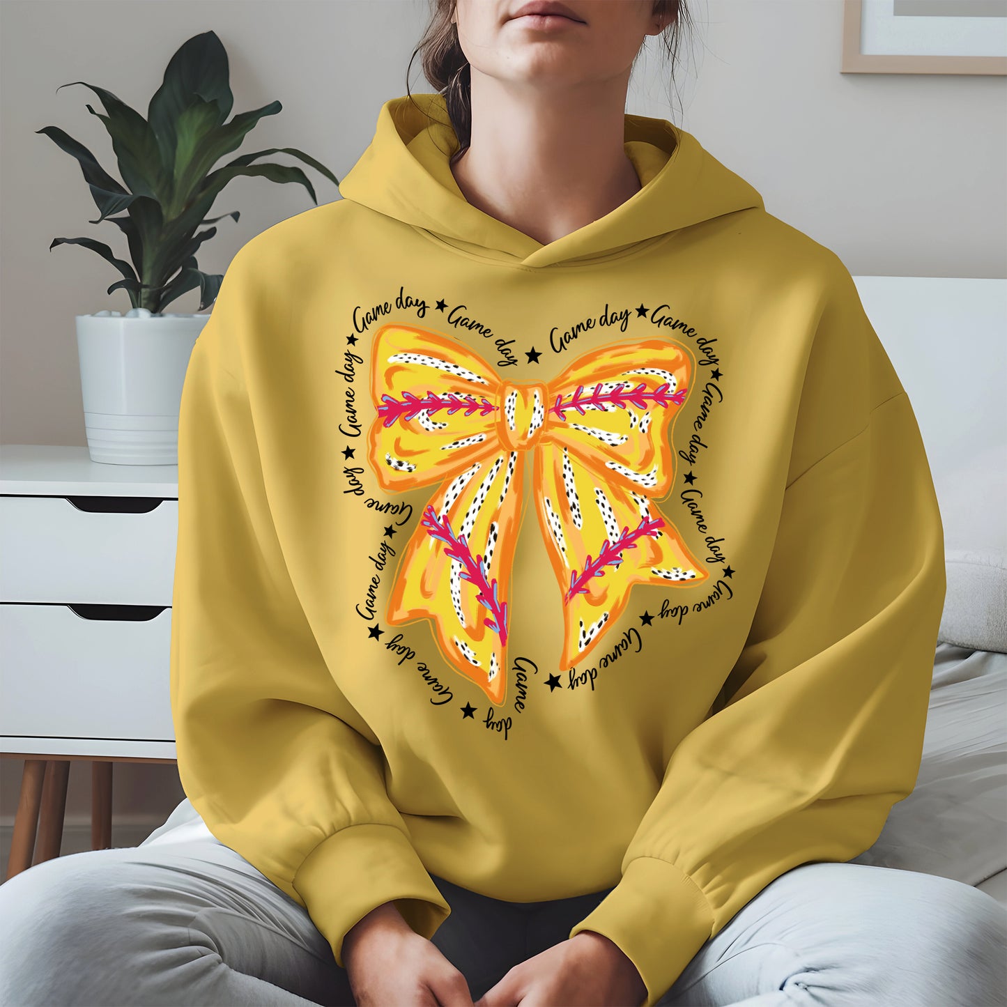 Yellow Baseball Bow Shirt Sport Tee Hoodie Sweatshirt Gift for Fans