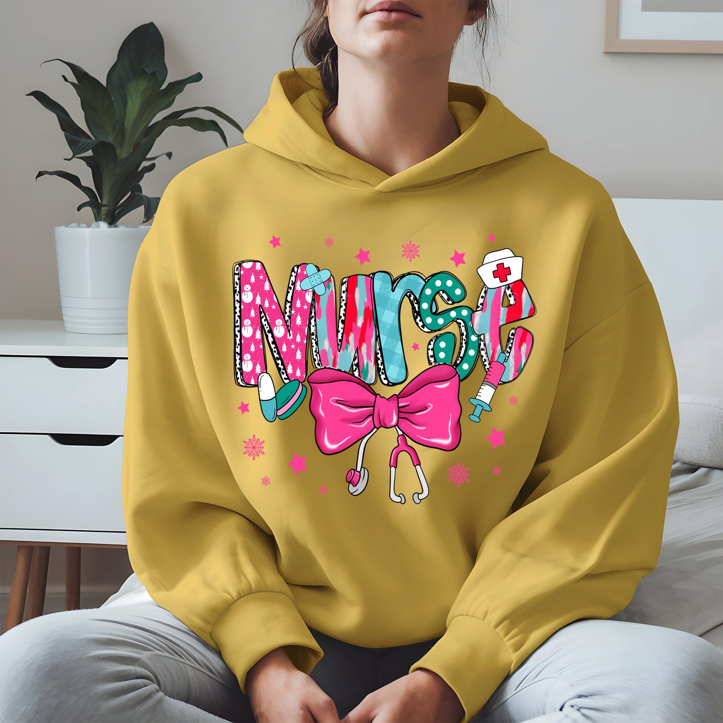 Nurse Christmas Shirt with Pink Bow and Holiday Icons