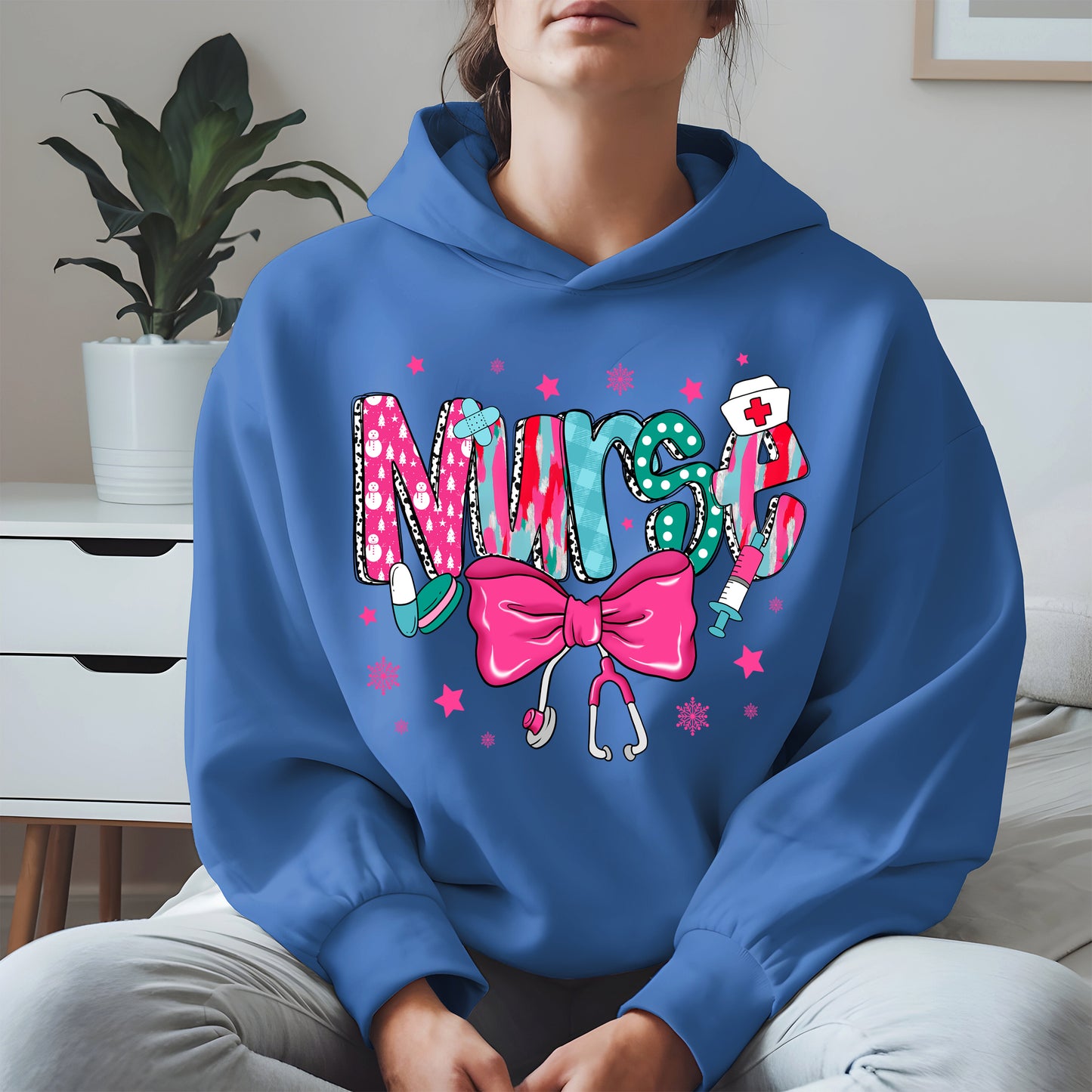 Nurse Christmas Shirt with Pink Bow and Holiday Icons