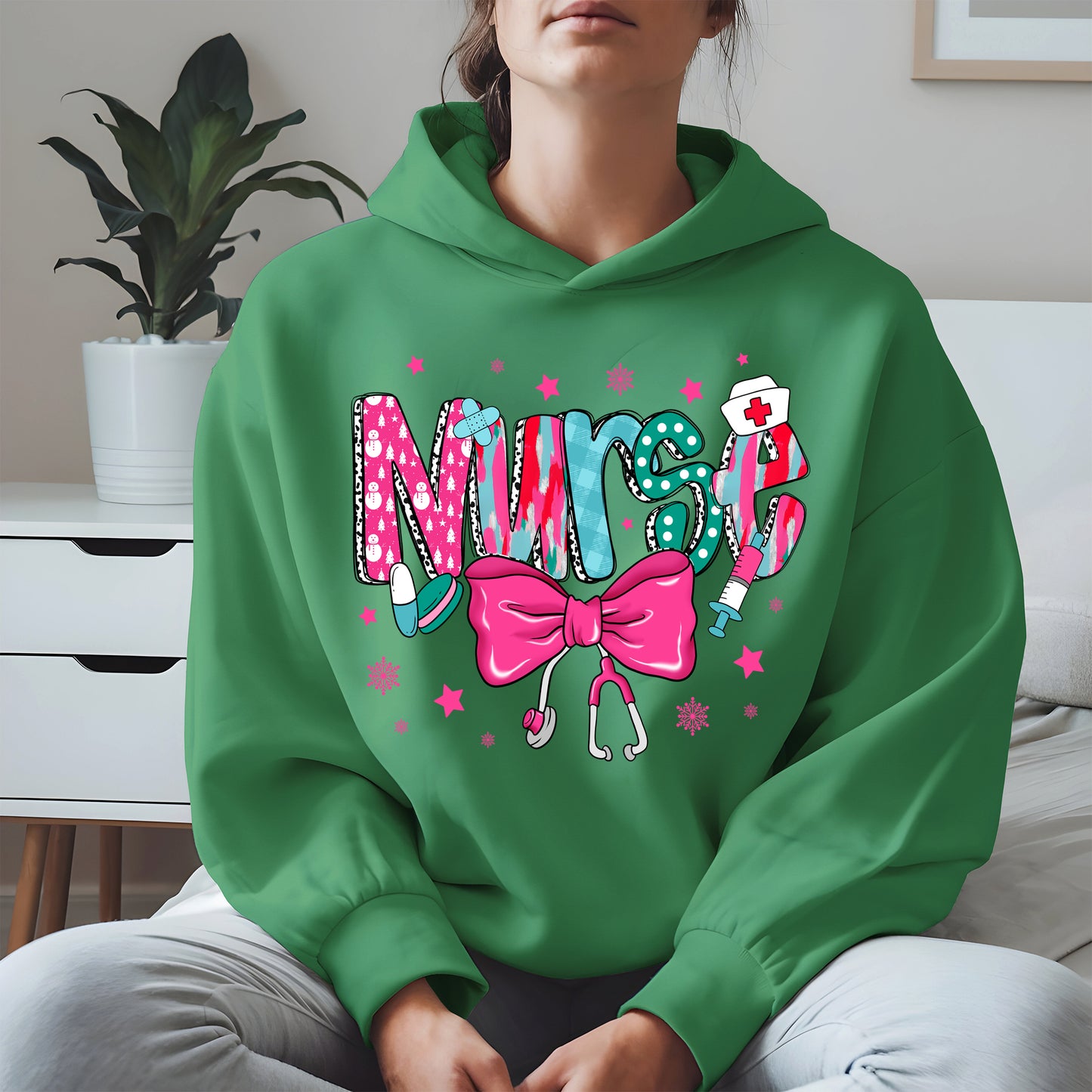 Nurse Christmas Shirt with Pink Bow and Holiday Icons
