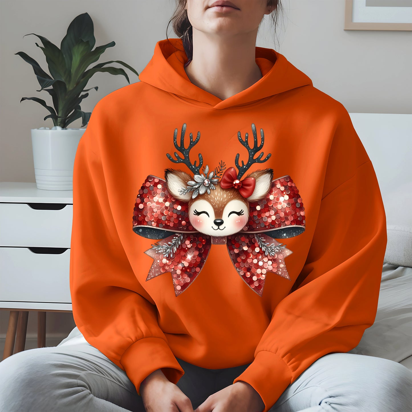 Cute Reindeer Bow Christmas Shirt for Women