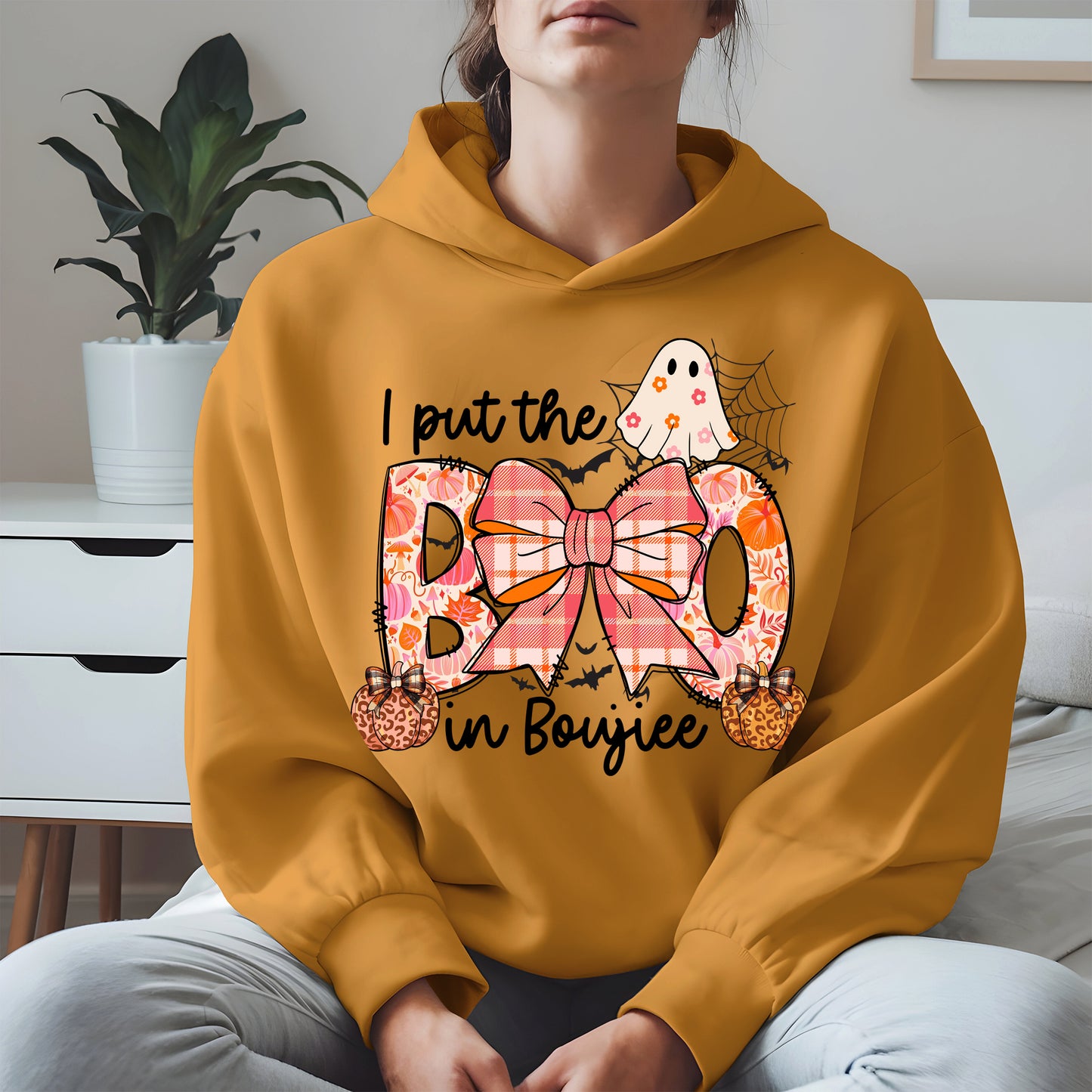 BOO Cute Halloween Shirt Hoodie Sweatshirt with Ghost and Bow