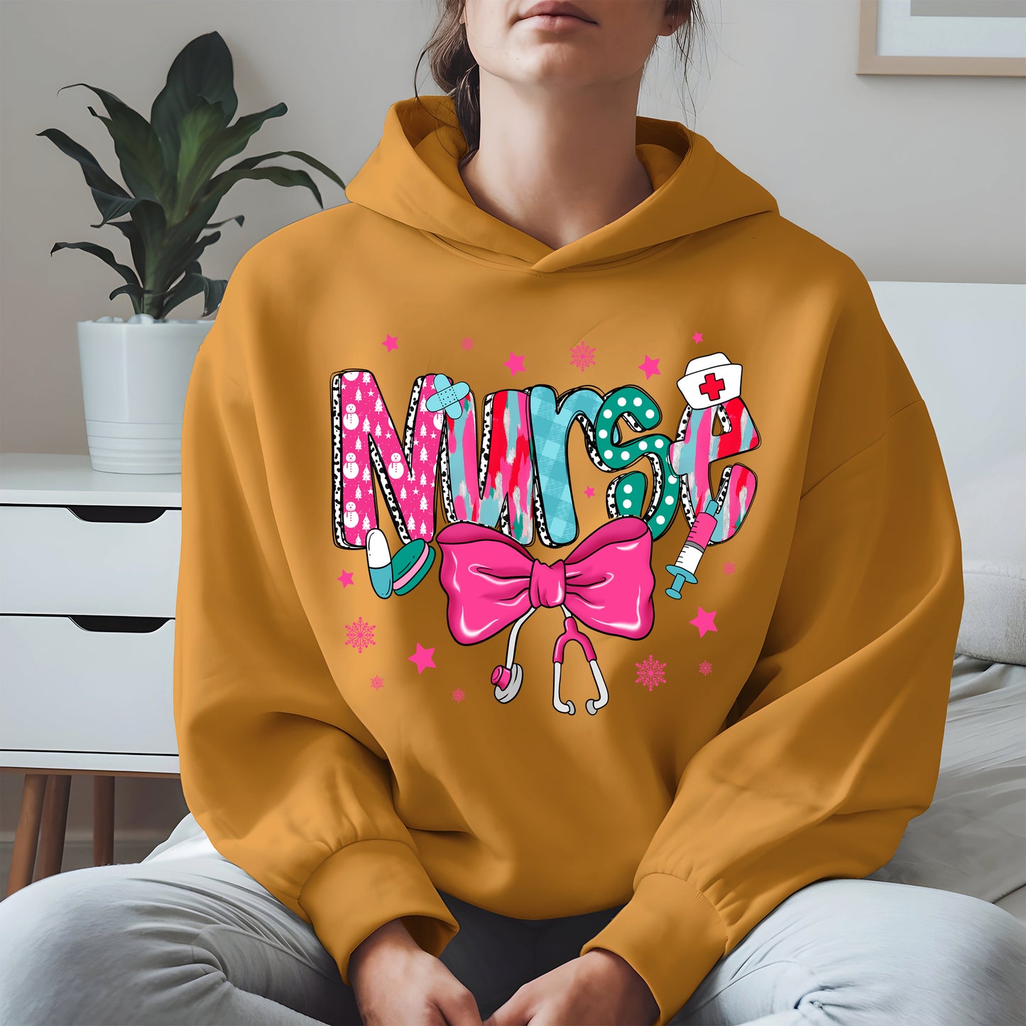 Nurse Christmas Shirt with Pink Bow and Holiday Icons