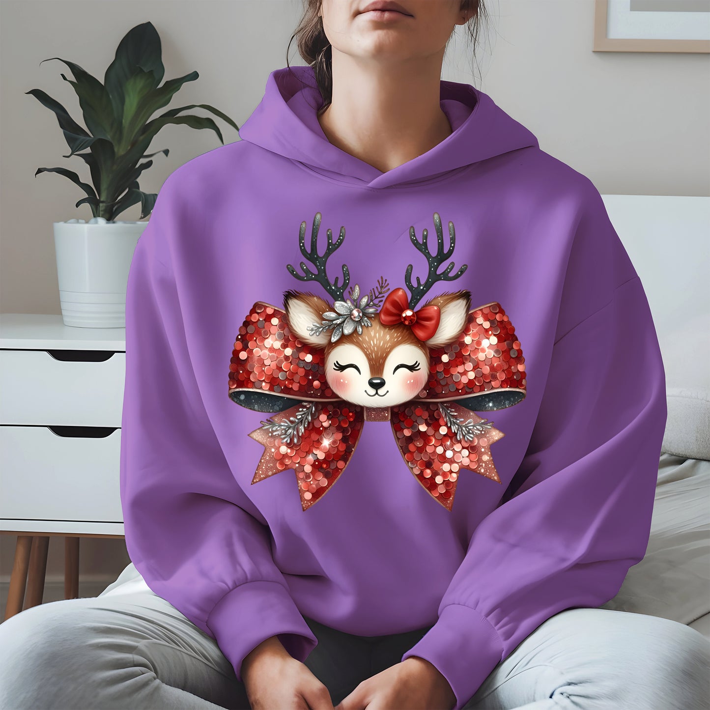 Cute Reindeer Bow Christmas Shirt for Women