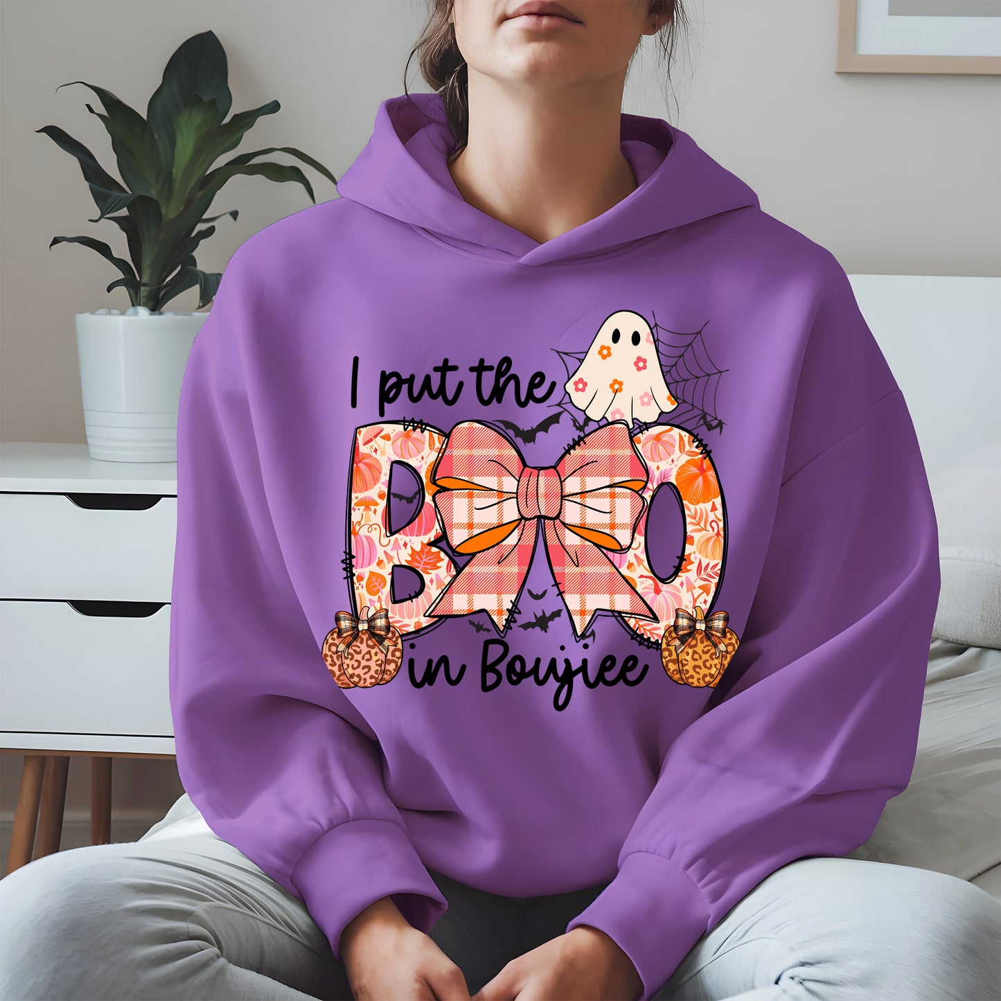 BOO Cute Halloween Shirt Hoodie Sweatshirt with Ghost and Bow