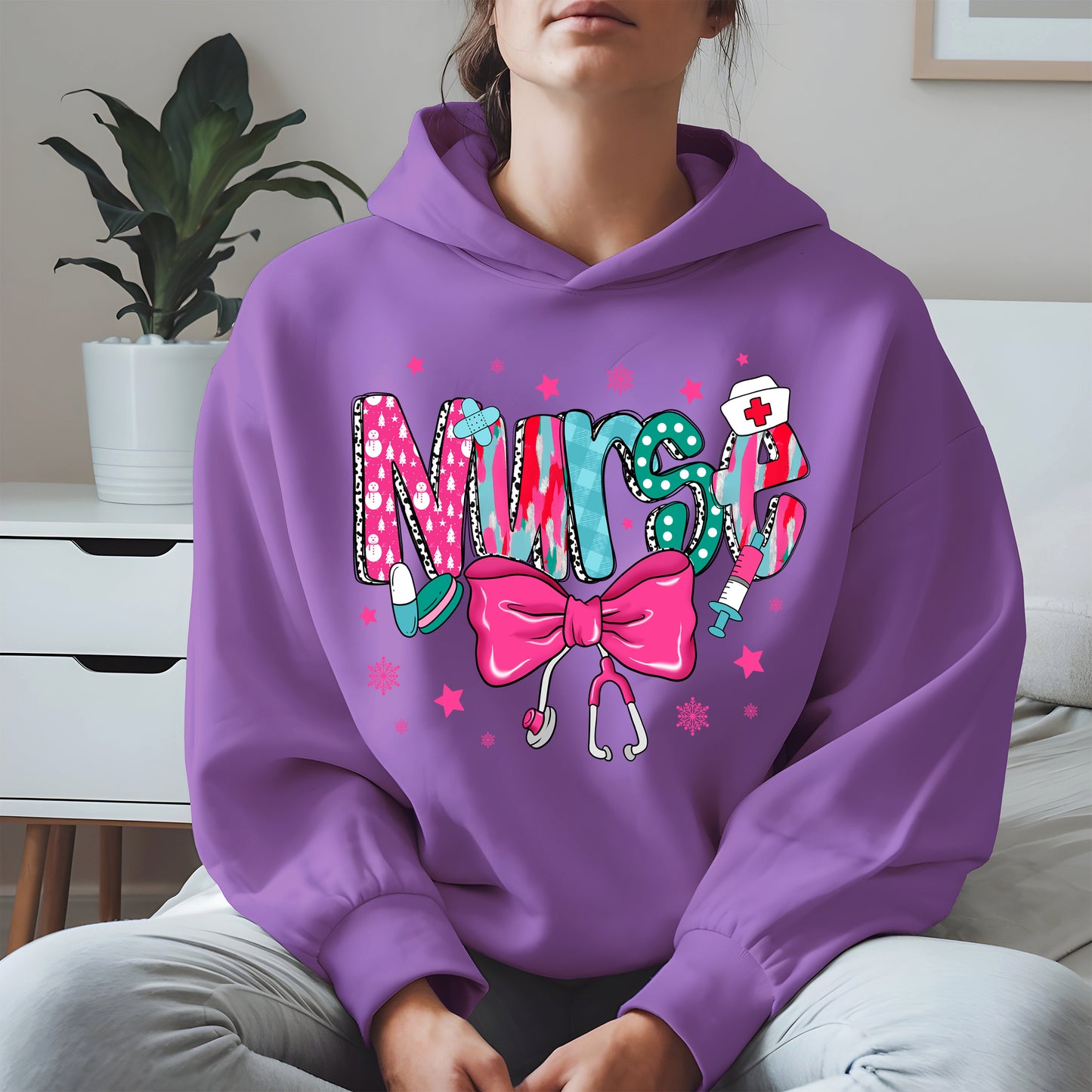 Nurse Christmas Shirt with Pink Bow and Holiday Icons
