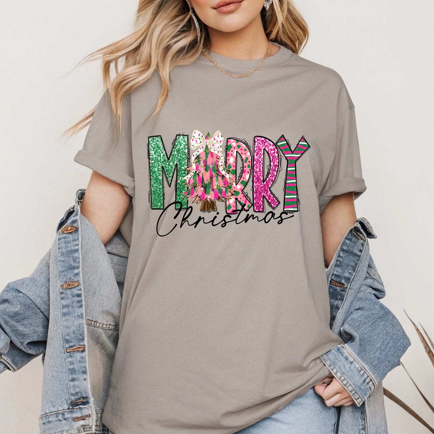 Merry Christmas Shirt Glitter Tree Holiday Tee