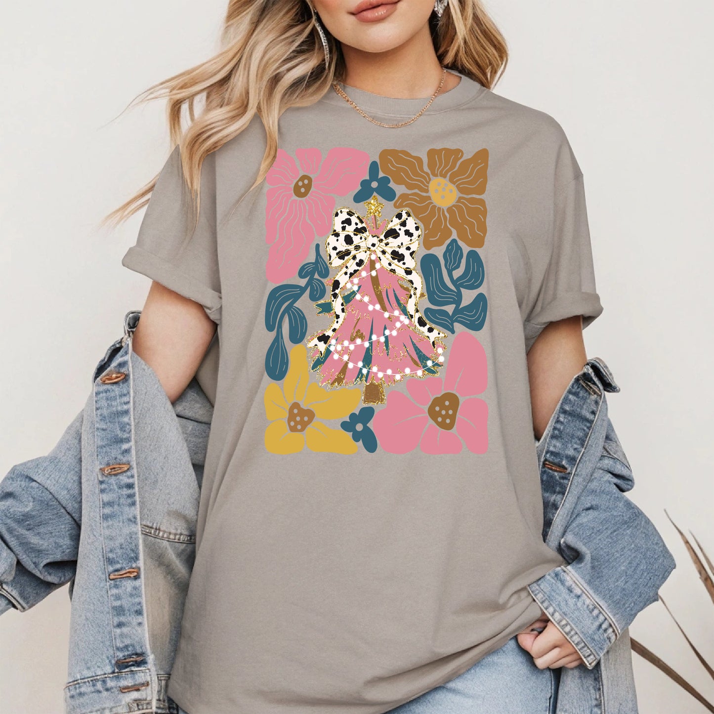 Christmas Tree Coquette Bow Floral Holiday Shirt